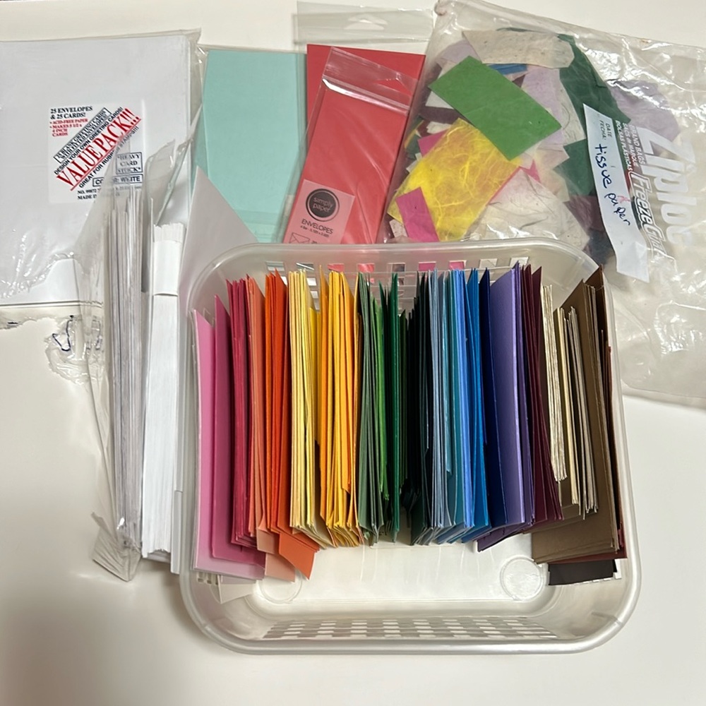 Craft paper, tissue paper and mix matched envelopes and cards for crafts